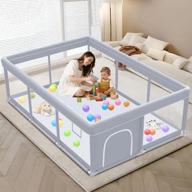XVISHX Baby Playpen 74 x 50 Inch Play Pen Playards, Playpen for Babies and Toddlers, Baby Playard for Indoor & Outdoor Active Center Game Fence, with Skin-Friendly Fabric and Soft Breathable Mesh Grey - Image 1