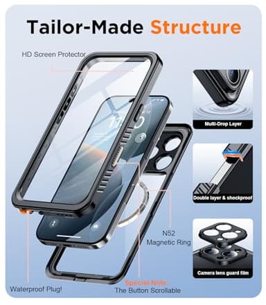 Temdan Magnetic for iPhone 16 Pro Case Waterproof,Built-in Screen Protector[IP68 Underwater][Upgrade Military Dropproof][Compatible with MagSafe] Full Body Shockproof for Case 6.3''-Black - Image 5