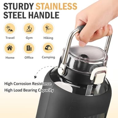 WINSA 84oz Glass Water Bottle with Stainless Steel Handle,2.5L Gallon Water Bottle with 2-IN-1 Straw Lid, Silicone Sleeve and Motivational Capacity Marker, Wide Mouth Water Jug For Gym, Workout, Black - Image 6