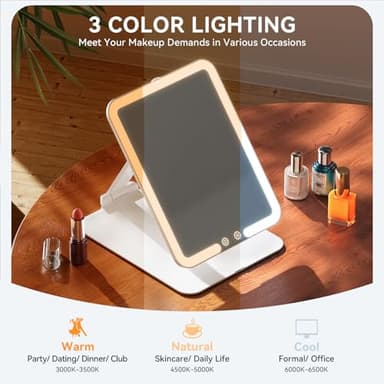 Auxmir Travel Makeup Mirror with Light, Portable Folding Lighted Travel Makeup Mirror with 72 LEDs, Rechargeable Compact Vanity Mirror with 3 Dimmable Color Lights, Adjustable Height and Angle, White - Image 3