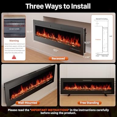 Sweetcrispy 60" Electric Fireplace Wall Mounted or Recessed Insert, 1500W/750W Freestanding Fireplaces Heater with Remote Control,13 Adjustable Flame Color, 12H Timer, Touch Screen - Image 6