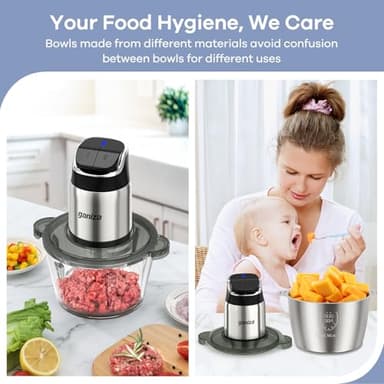 Ganiza Food Processor, 2-Speed Food Chopper Meat Grinder with 8 Cup Stainless Steel & 8 Cup Glass Bowls, Upgraded Button & Smart Overheat Protection Light - Includes Clean Brush, 2 Sets of Blades - Image 5