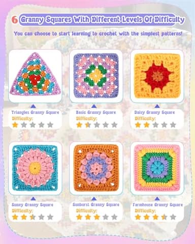 Coopay Crochet Kit Beginners for 6 Types Granny Squares, Starter Knitting Kit with Instructions & 8PCS Yarn, Crochet Start Kit for Adults Learn to Crochet Granny Square Coasters, Table Runners, ect - Image 4