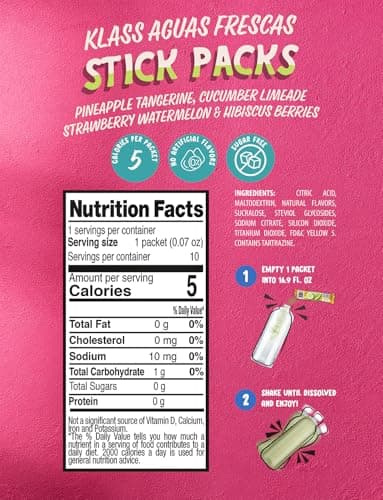 Klass Aguas Frescas | Drink Mix Variety Pack | Cucumber Limeade , Strawberry Watermelon , Hibiscus Berries & Pineapple Tangerine | Sugar Free On-The-Go Packets (44 Count Powder Stick Packs) Shake it up! - Image 2
