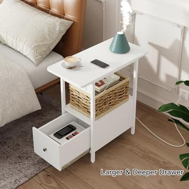 LIDYUK End Table with Charging Station, Narrow Side Table with Drawer and USB Ports & Power Outlets, Nightstand Bedside Tables for Small Spaces, Bedroom, Living Room, White - Image 2