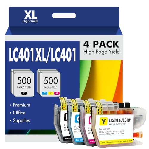 LC401XL LC401 MFC-J1010DW Ink Cartridges for Brother Printer 401XL LC 401 for MFC-J1010DW MFC-J1170DW MFC-J1012DW MFC-J1800DW MFC J1010DW - 4 Pack High Yields Black Cyan Magenta Yellow - Image 1