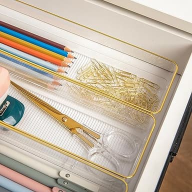 Martha Stewart Kerry Plastic Stackable Office Desk Drawer Organizers, 9" x 3", 8 Pack, with Gold Trim - Image 7