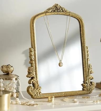 Vintage Makeup Mirror, Vanity Desk Mirror Antique Traditional Tabletop Mirror, Standing, Hang or Wall Mounted, Adjustable Dress-up Mirror, Gold Decor Mirror for Living Room,Bedroom (gold, 12*9.8 in) - Image 9