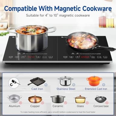 Double Induction Cooktop AMZCHEF Induction Cooker 2 Burners, Low Noise Electric Cooktops With 1800W Sensor Touch, 20 Temperature & Power Levels,Independent Control,3-hour Timer, Safety Lock - Image 5