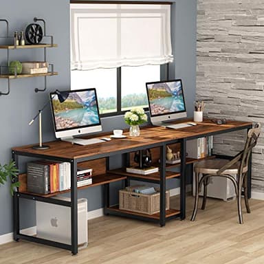 Tribesigns Two Person Desk with Bookshelf, 78.7 Computer Office Double Desk for Two Person, Rustic Writing Desk Workstation with Shelf for Home Office (Brown) - Image 2