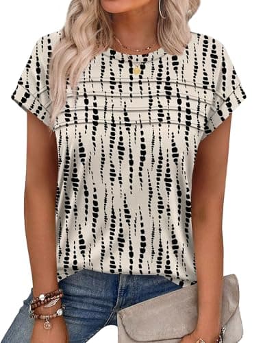 Plus Size Tops for Women Dressy Casual Womens Summer Tops Business Casual Outfits Cap Short Sleeve T Shirts Spring Clothes Fashion Trendy 2025 Beach Fashion Beige Black 2XL - Image 1
