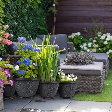 Nooulap 4 Pack 10 Inch Plant Pot for Outdoor Indoor, Plastic Flower Pots with Drainage Hole & Saucer, Lightweight Small Resin Flower Pot, Imitation Magnolia Planter Pots for Garden House（Gray） - Image 4