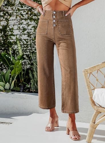 Sidefeel Women's Wide Leg Jeans High Waisted Stretchy Zimbaplatinum Straight Leg Jeans Buttoned Loose Denim Pants with Pocket Brown Size 14 - Image 3