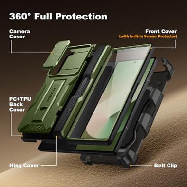 TONGATE for Z Fold 6 Case, [with S Pen Slot & Hinge Protection] [Tempered Glass Screen Protector] Full-Body Military Drop Phone Case for Samsung Galaxy Z Fold 6 with Kickstand & Belt Clip, Green - Image 7