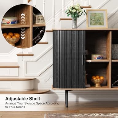 47''W x 32''H Storage Cabinet, Fluted Sideboard Buffet Cabinet with Storage, Console Table Credenza with Tambour Slatted Sliding Doors and Shelves for Living Room, Kitchen, Black - Image 6