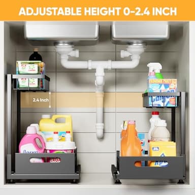 2 Pack Under Sink Organizer Storage 2-Tier Premium Metal Pull-Out Racks, Height Adjustable, Easy Installation | Kitchen & Bathroom Organizers - Image 2