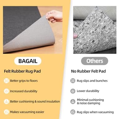 BAGAIL Felt and Natural Rubber Backing Rug Pads 1/4” Thick, 8 x 10 Ft Non Slip Carpet Gripper Keep Rugs in Place, Under Area Rug Protective Cushioned Pads, Carpet Runners, Hardwood Floors Protection - Image 7