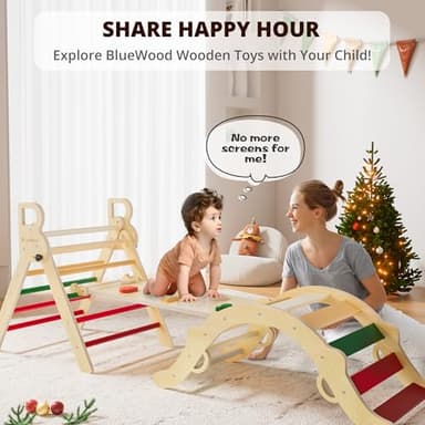 BlueWood Pikler Triangle Set, Toddler Wooden Climbing Toys Indoor 7in1 Foldable Climber for Kids, Montessori Philosophy Play Jungle Gym with Arch, Ramp, Ladder (Warm Winter Christmas) - Image 6