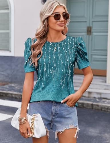 Zeagoo Leaves Print T-Shirt Casual Puff Sleeve Tops for Spring Fall Summer Crew Neck Basic Blouses Shirts Large - Image 2