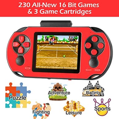 TaddToy 16 Bit Handheld Game for Kids Adults, 3.0'' Large Screen Preloaded 230 HD Classic Retro Video Games with USB Rechargeable Battery & 3 Game Cartridges for Birthday Gift for Kids 4-12 (Red) - Image 2