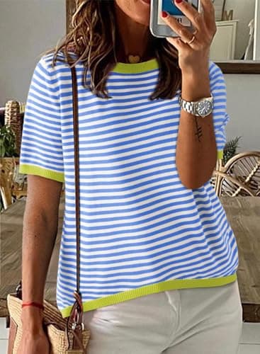 Dokotoo Womens Tops Short Sleeve Summer Fashion Striped Shirt Women Color Block Crewneck Knitted Top 2025 Casual Loose Fit Tshirts Shirts for Women Trendy Blouses Sky Blue Large - Image 3
