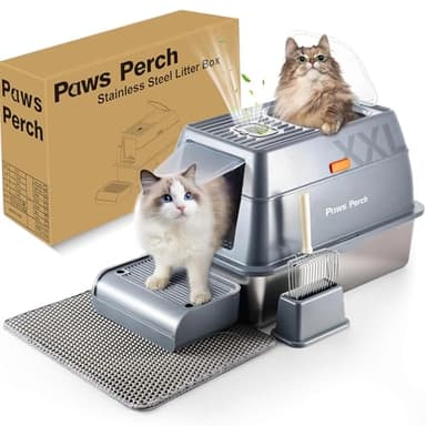 Stainless Steel Metal Cat Litter Box Large Enclosed with Lid, Dog Proof Jumbo Hooded High Sides for Big Cats, Indoor Multi Cat Use - Deep Design & No Smell - Image 1