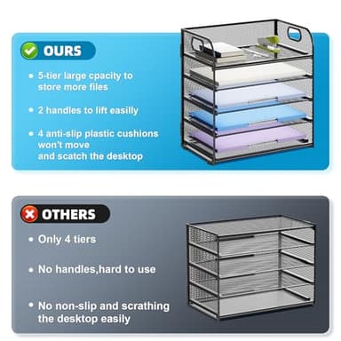 Marbrasse 5 Tier Paper Organizer Letter Tray, Mesh Desk File Organizer with Handle, Paper Sorter Desk Organizer for Home Office Supplies(Black) - Image 2