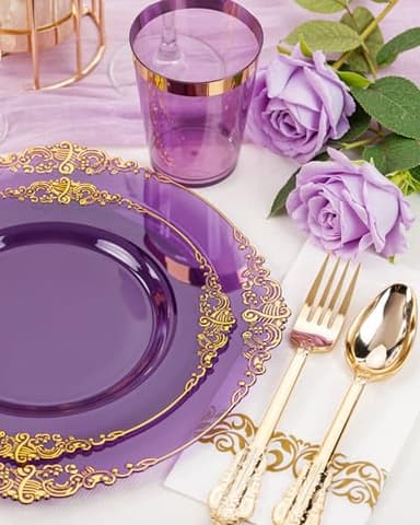 Nervure 350PCS Purple Plastic Plates - Purple Plastic Dinnerware Sets for 50 Guests - 100 Disposable Plates, 150 Gold Silverware, 50 Cups, 50 Napkins for Wedding & Party - Image 6