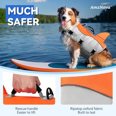 AMZNOVA Shark Dog Life Jacket, Swimming Vest with Handle, Dog Life Vest for Swimming & Boating, Ripstop & Buoyancy for Puppy Doggy, M, Bright Orange - Image 3