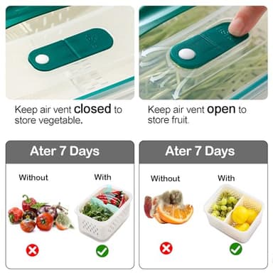Upgraded Fresh Produce Vegetable Fruit Storage Containers，Large Fruit Containers for Fridge with Lid Vent Handle and Colander ，Keep Berry Fruit Vegetable Food Meat Fresh Longer (5) - Image 4