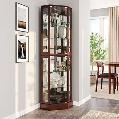 BELLEZE Lighted Corner Display Curio Cabinet,72" Tall Wooden Curved Shelving Unit with Tempered Glass Door, Bar and Liquor Storage Area with 6 Shelves - Ashfield (Walnut) - Image 1