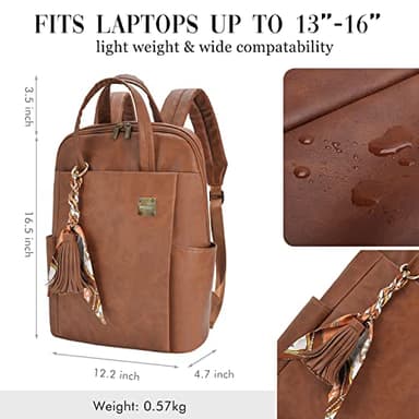 Laptop Backpack for Women Slim Travel - Laptop Bag Computer Case Fit up to 15.6-inch Notebook Lightweight Medium Size Purse for Work Bookbag Water-resistant Business Fashion Stylish PU Leather Brown - Image 5
