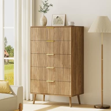 LYNSOM Fluted 5 Drawers Dresser, 45" Tall Modern Chest of Drawers with Curved Profile Design and Metal Handle, Wood Drawer Organizer for Bedroom, Living Room, Hallway, Entryway, Natural Oak - Image 4