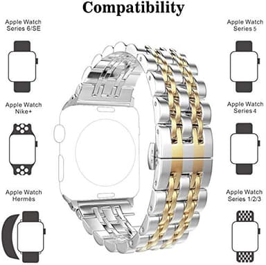 PUGO TOP Bands Replacement for Apple Watch 38mm Series 3 2 1 40mm Series 6 5 4 SE 41mm Series 7 8 9, Stainless Steel iWatch iPhone Watch Bracelet 2 Tones for Men Women(38mm/40mm/41mm, Silver/Gold) - Image 2