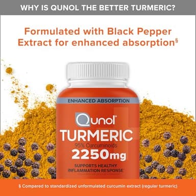 Qunol Turmeric Curcumin with Black Pepper, 2250mg Turmeric Extract with 95% Curcuminoids, Extra Strength Turmeric Supplement, Enhanced Absorption, Joint Support Supplement, 90 Vegetarian Capsules - Image 6