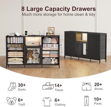 𝟓𝟑-𝐈𝐧𝐜𝐡 Dresser TV Stand for Bedroom for TV with LED Lights and Charging Station, Fabric Chest of Drawers, 8 Fabric Drawers, Wood Top, Living Room, Closet Black - Image 3