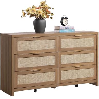 SICOTAS Rattan Dresser for Bedroom, 56.9" Wide 6 Drawer Dresser with Ample Storage, Dressers Large Chest of Drawers, Closet, Boho TV Stand for Bedroom (Reclaimed Caramel Oak, 1 Piece) - Image 1