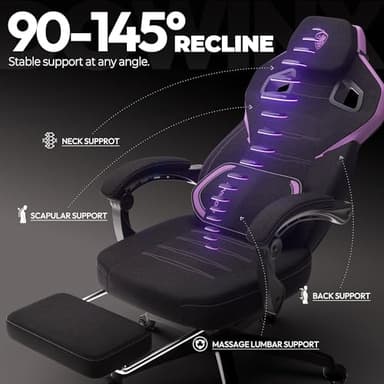 Dowinx Fabric Gaming Chair with Footrest, Big and Tall Ergonomic Gamer Chair with Lumbar Support, Wide Back Computer Chair for Heavy People, Purple - Image 8