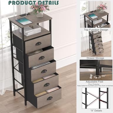 sthmec Nightstand with Charging Station,LED Grey Nightstand with 5 Fabric Drawers, Bedside End Tables, 2-Tier Open Storage Shelf Side Table Nightstand with Drawers for Bedroom, Grey - Image 5