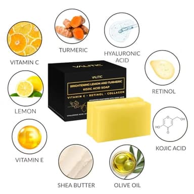 VALITIC Brightening Lemon & Turmeric Kojic Acid Soap with Vitamin C, Retinol, Collagen - Original Japanese Complex Infused with Hyaluronic Acid, Vitamin E, Shea Butter, Castile Olive Oil (2 Pack) - Image 4