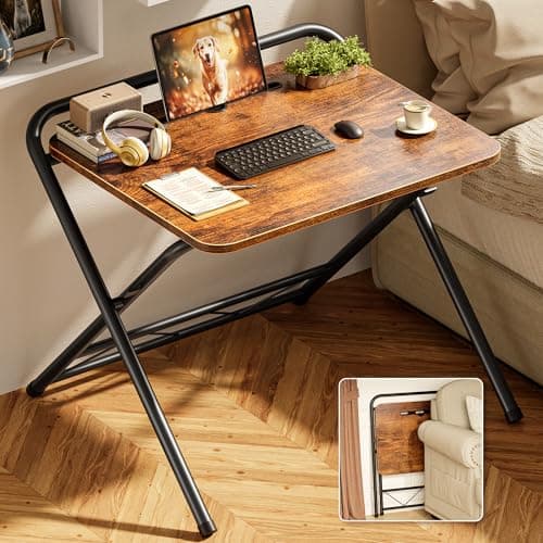 Huuger Folding Desk with 3-Level Adjustable Height and Tablet Slot, 24 Inch Foldable Computer Desk for Small Spaces, Space Saving, Writing Work Table for Home Office, Bedroom, Study, Rustic Brown - Image 1