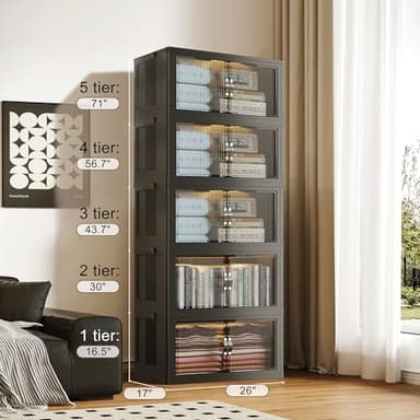 SAILUN 136Gal/543Qt Stackable Storage Bins Folding Collapsible Storage Bins with Lid, Closet Organizers and Storage, Storage Box with Door Black 26" W x 17" D x 71" H - Image 2