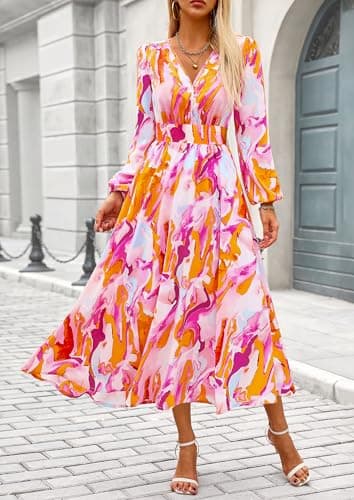 PRETTYGARDEN Women's Spring Floral Midi Dress Casual Fall V Neck Long Sleeve Flowy Beach Wedding Guest Vacation Dresses (Multicolored Print,XX-Large) - Image 8