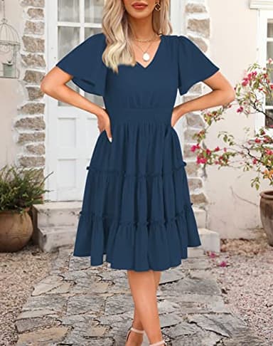 Zattcas Women 2025 Sping Summer Dress Short Sleeve V Neck Smocked Casual Flowy A Line Tiered Modest Teacher Work Graduation Wedding Guest Midi Dress Navy Blue XL - Image 3