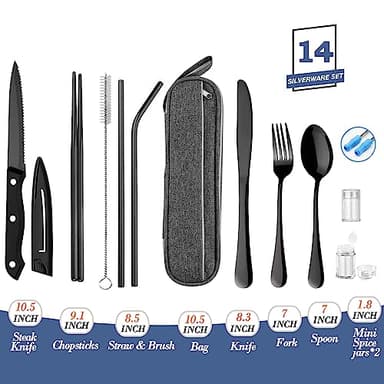 Stainless Steel Portable Reusable Travel Utensils with Case - Flatware Cutlery Set, Chopsticks, Straw - Black - Image 2