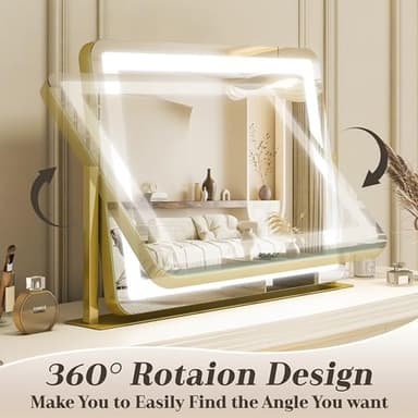 ROLOVE Gold Vanity Mirror with Lights - Smart Touch Dimming, 3-Color Lighting, 360° Rotatable Desktop Makeup Mirror for Desk, 22"x17" - Image 6