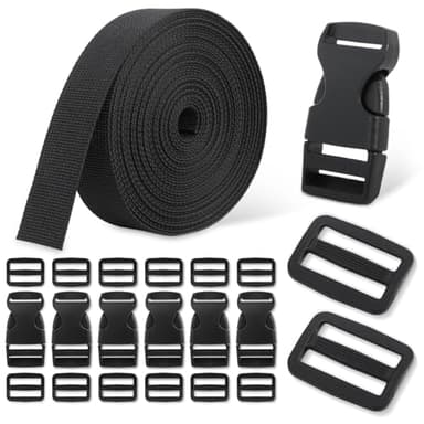 Buckle & Strap Kit - 6 Yards 1 Inch Wide Polyester Webbing Stronger Than Nylon, 6 Plastic Quick Release Buckles & 12 Triglide Clips, Adjustable Extender Straps for Backpack, Dog Collar, Fanny Pack - Image 1