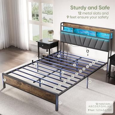Welzona Queen Bed Frames with Headboard, LED Lights Queen Size Bed Frame with Charging Station, 2-Tier Storage Shelves, Heavy Duty Metal Slats, Noise Free, No Box Spring Needed, Easy Assembly, Brown - Image 5