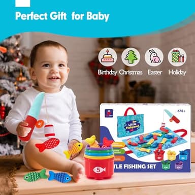 Toddler Toys Montessori Toys for 1 Year Old Boy Girl Birthday Gift -10 in 1 Cloth Fishing Game for Toddler Christmas Gifts 1-3 with Stacking Cups- Number Counting, Color Sorting, Shape Learning - Image 7
