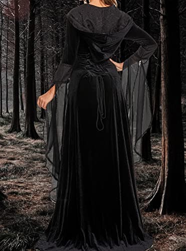 BITSEACOCO Deluxe Witch Dress Costume for Women, Vintage Embroidered Renaissance Victorian Gothic Hooded Vampire Gown Dress Cosplay (Black,S) - Image 5